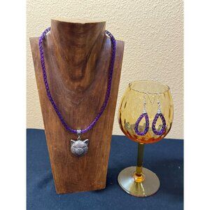 Purple Braided Necklace & Earring Set With Cat Pendant